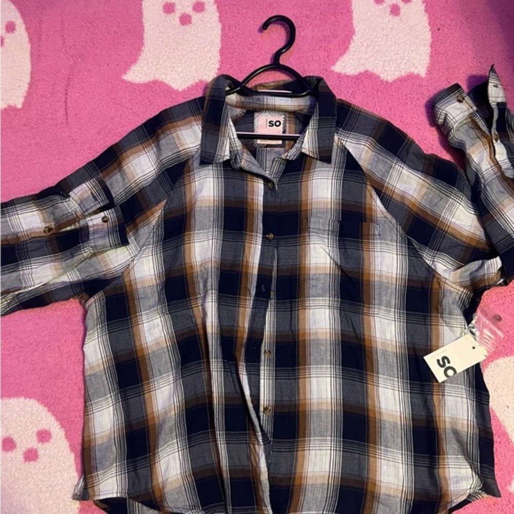 SO Men's Casual Blue and Tan Plaid Shirt